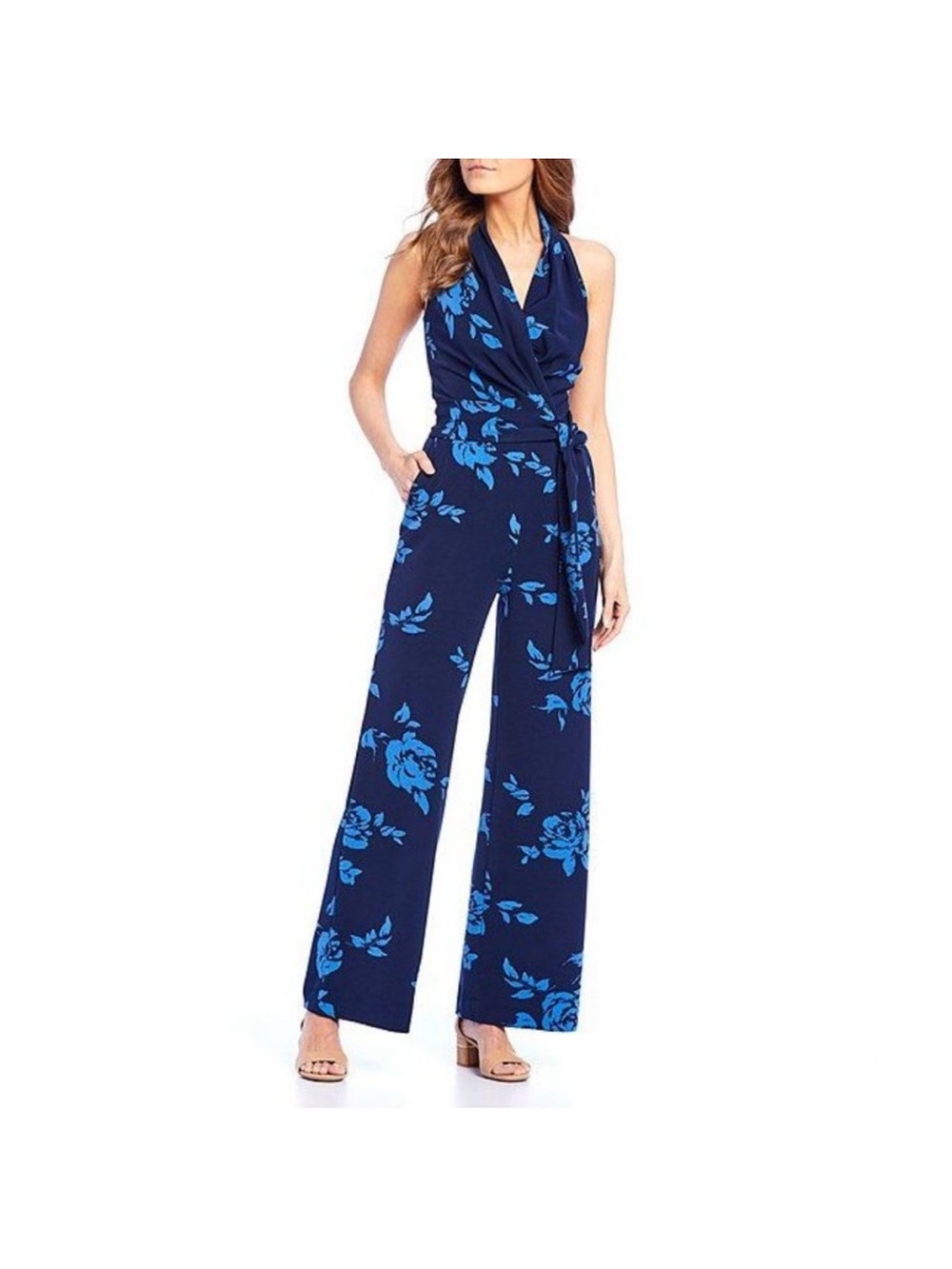 Alex Marie Navy Floral Halter Wide-Leg Jumpsuit